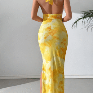 Yellow Backless Bodycon Maxi Dress with Slit