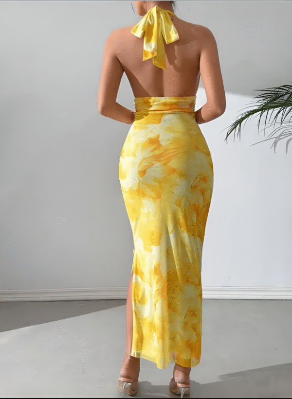 Yellow Backless Bodycon Maxi Dress with Slit