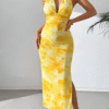 Yellow Backless Bodycon Maxi Dress with Slit